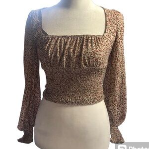 Princess Polly Smocked Floral Long-Sleeve Peasant Top Size M